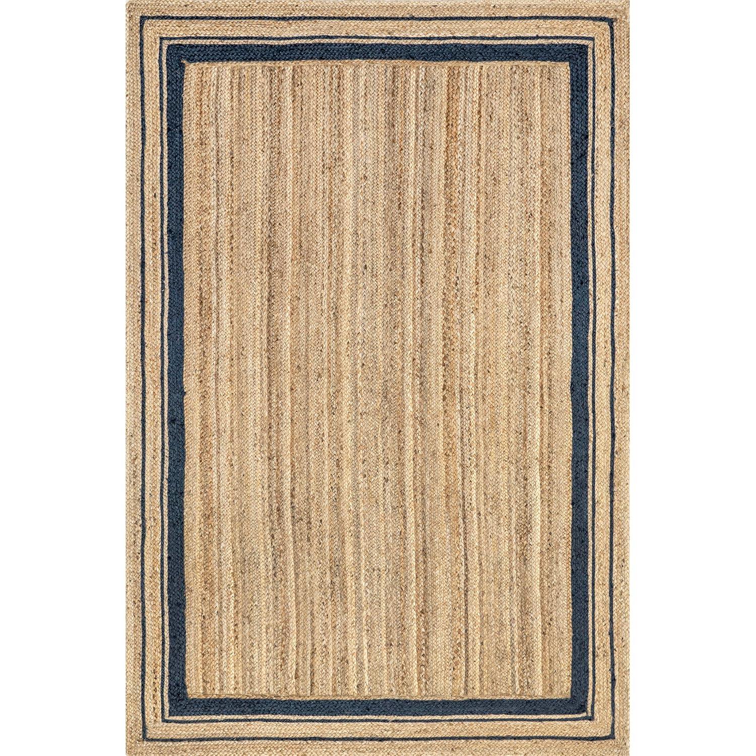 Nuloom Rikki Bordered 4x6 Jute Indoor Area Rug for Dining Room Rug Neutral Rug Living Room Rug Kitchen, Navy/Natural