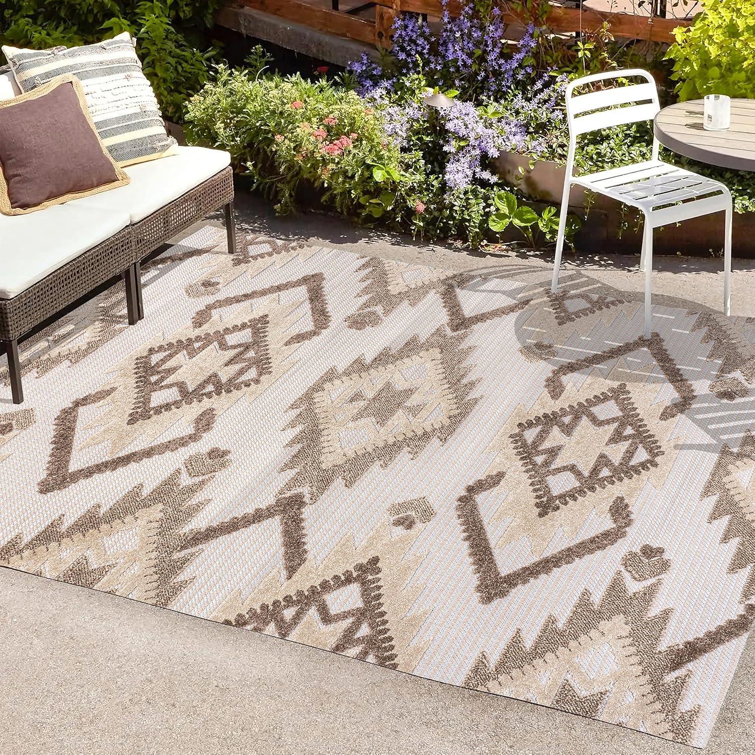 4'x6' Sumak High-Low Pile Neutral Diamond Kilim, Brown/Ivory - JONATHAN Y
