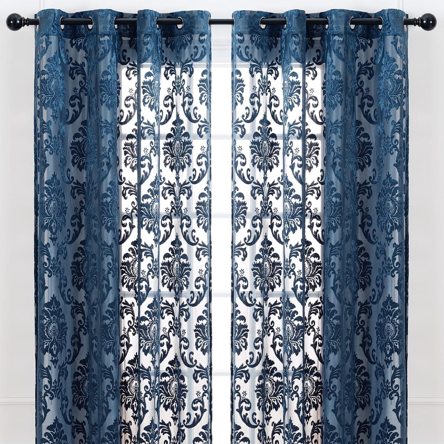 Chanasya 2pk Devore Damask Sheer Grommet Window Curtain Panels - Set of 2 - 52 x 108 Inches Long - Blue