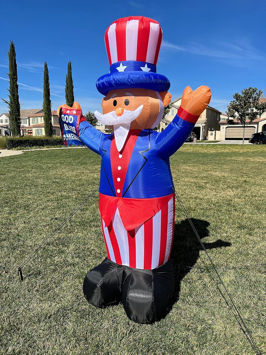 6 Foot Tall Lighted Patriotic Independence Day 4th of July Inflatable Uncle Sam with Flag Indoor / Outdoor Blow Up Holiday Yard Decoration