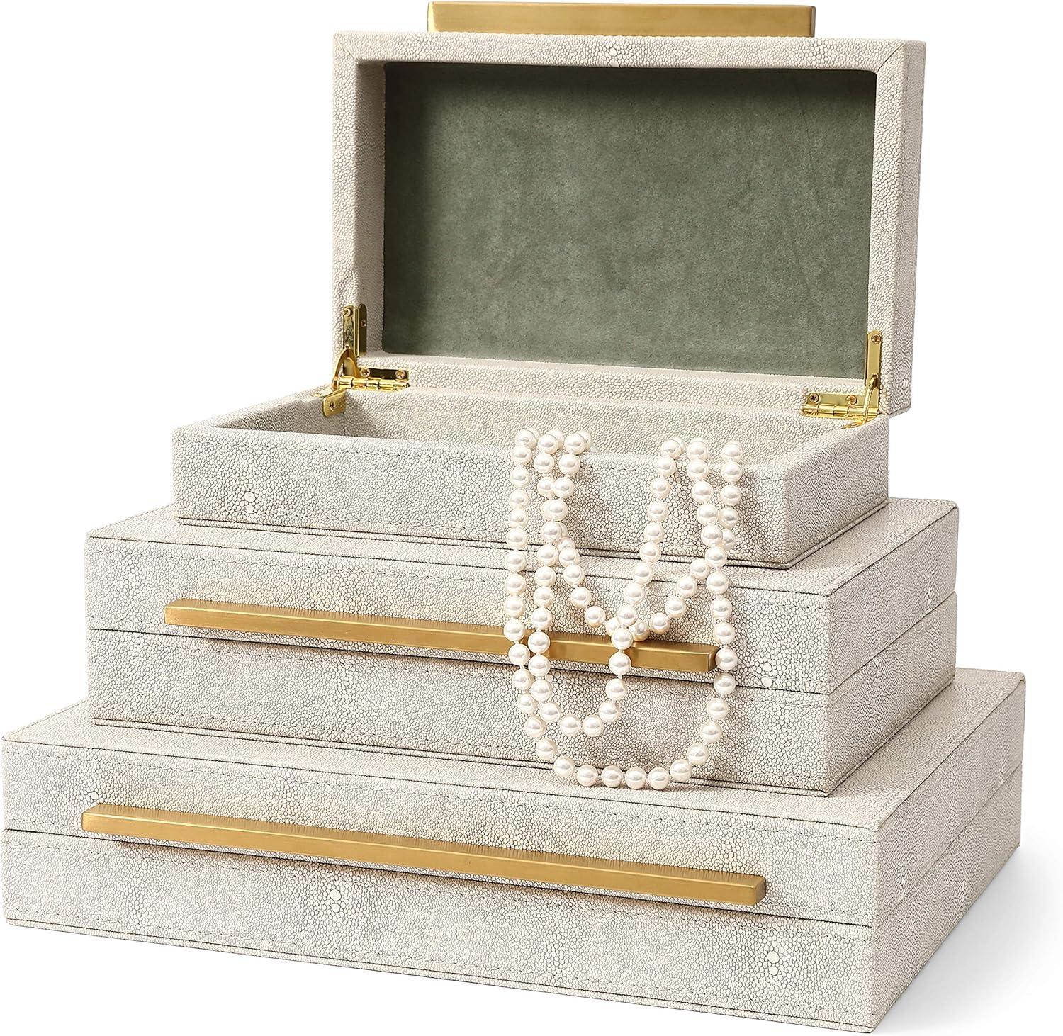 Ivory Faux Leather Rectangular Jewelry Organizer Set