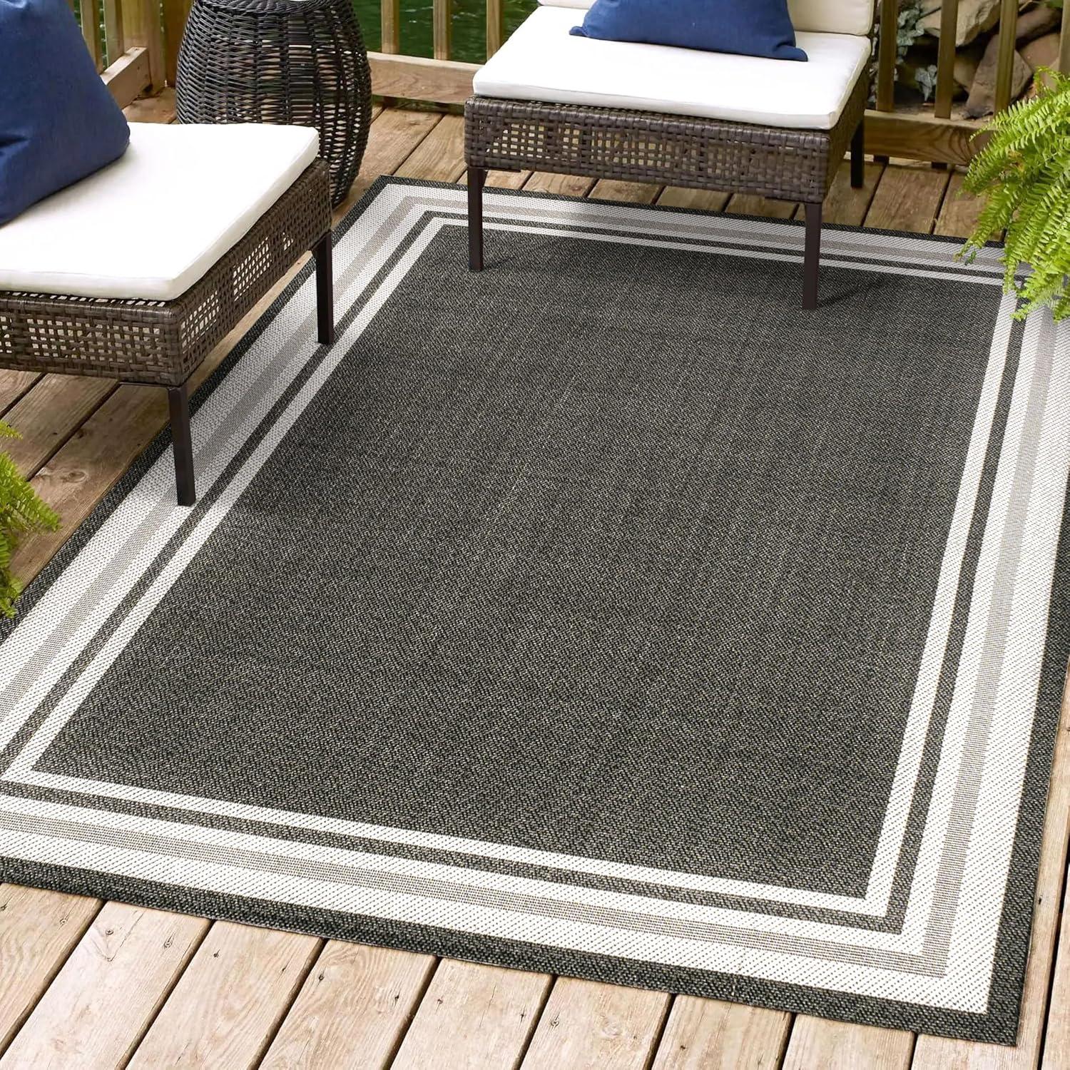 5' x 8' James Modern Border Stripe Indoor/Outdoor Area Rug, Black/Cream - JONATHAN Y
