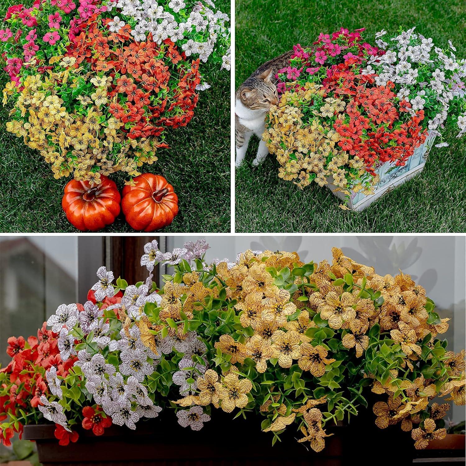 Artificial Flowers for Outdoors Fake Plants - 16 Bundles Faux Outside Greenery Boxwood UV Resistant No Fade Plastic Shrubs Fall Decor Farmhouse Home Garden Mums (White)