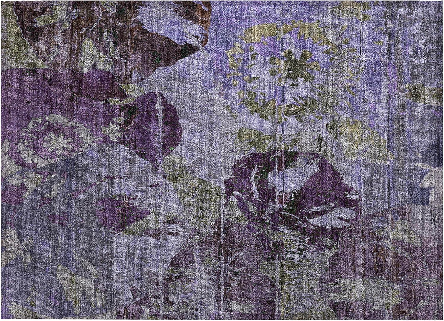 Purple Floral Pattern Machine Washable Rectangular Rug