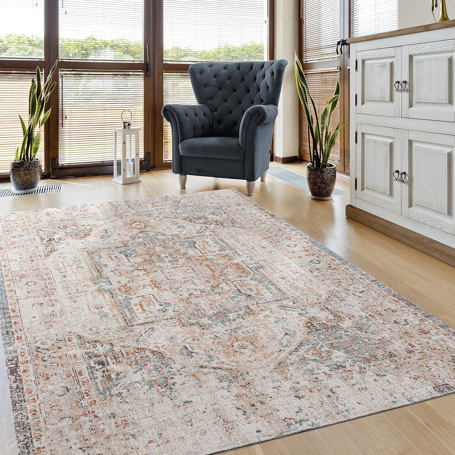 Faded Turkish Beige and Cream Synthetic Area Rug, 5' x 7'