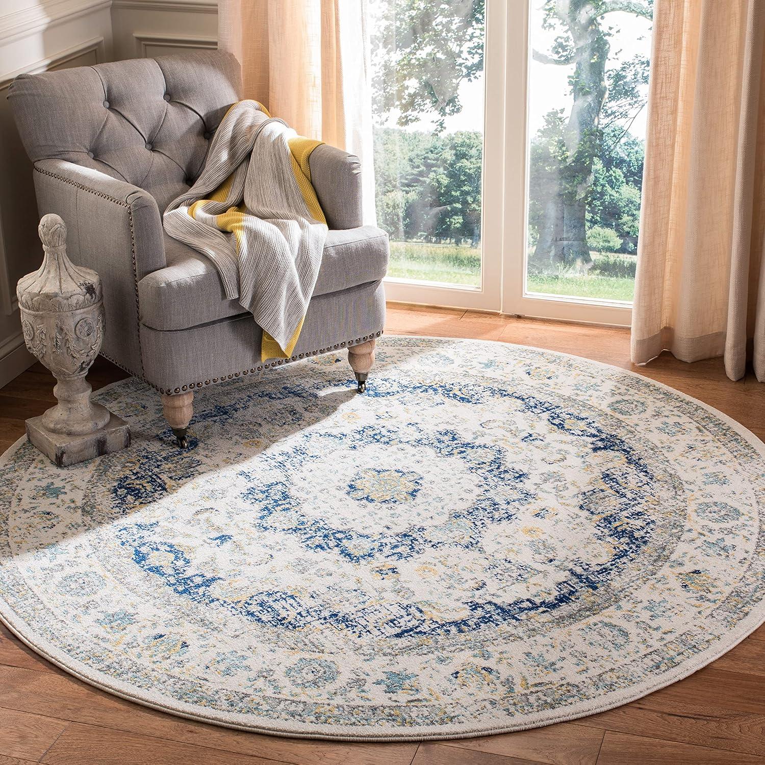 Evoke EVK220 Power Loomed Area Rug - Ivory/Blue - 6'7" Round - Safavieh.