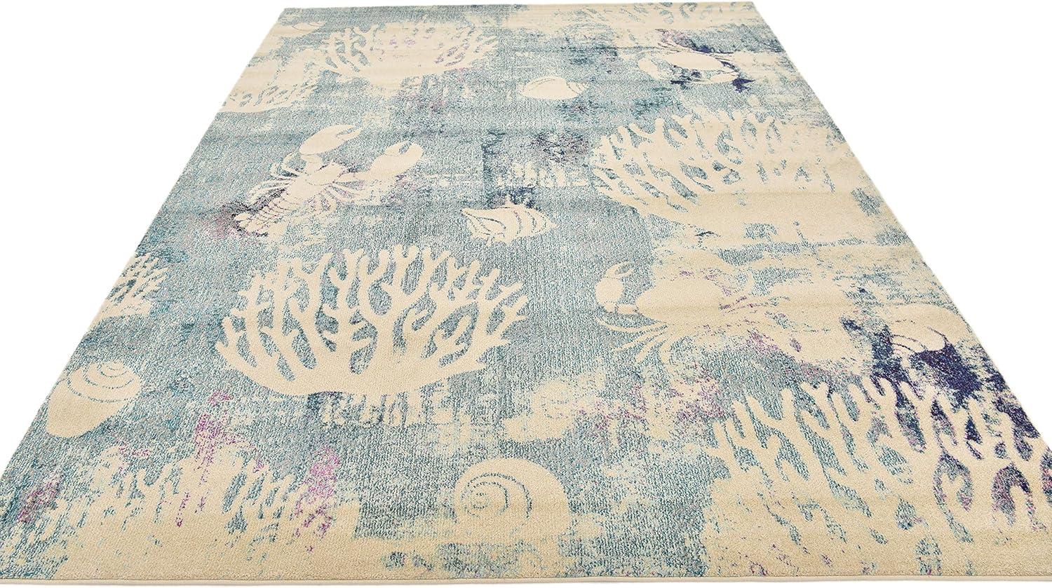 Light Blue Coastal Coral Pattern Synthetic Area Rug, 8' x 10'