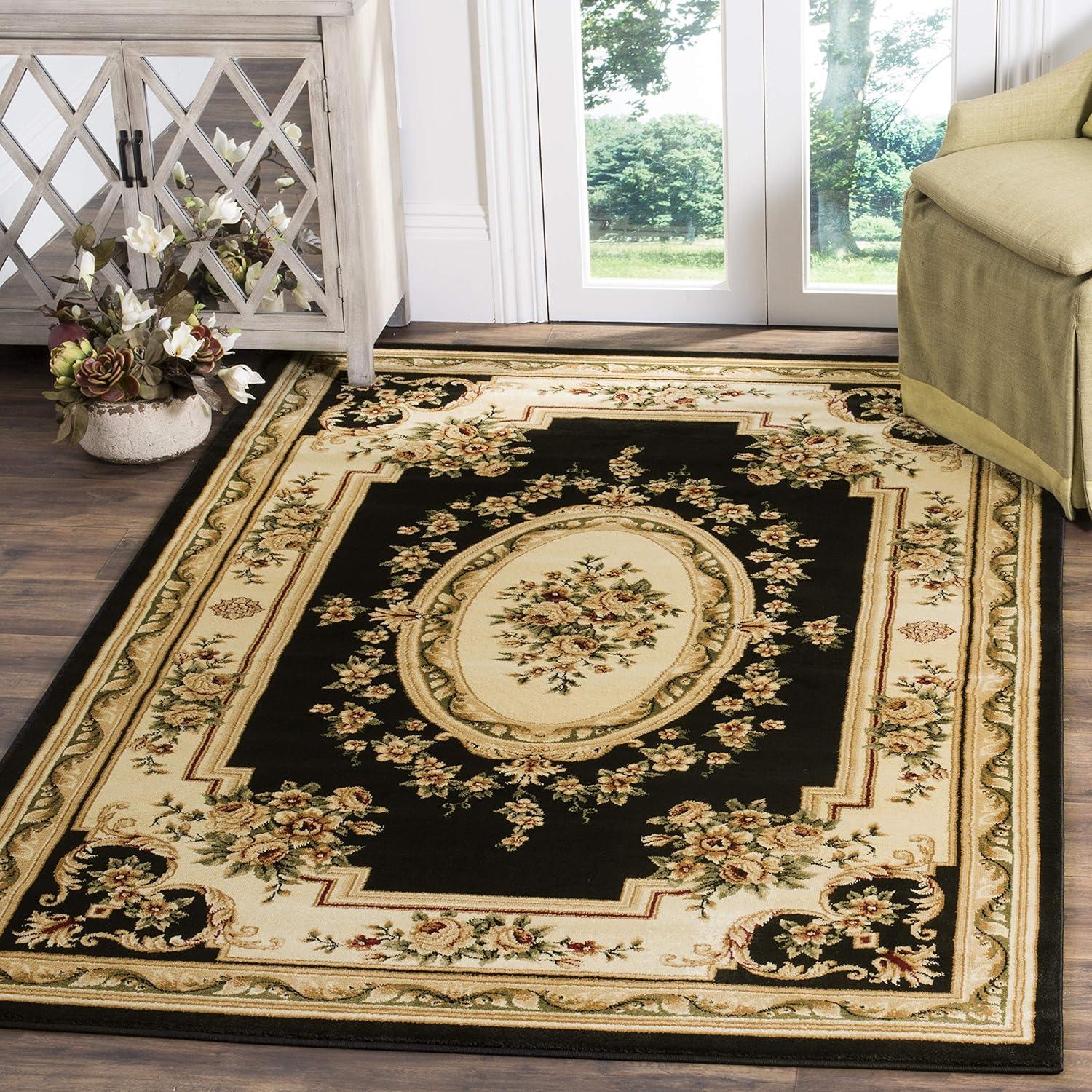 Black and Ivory Floral Synthetic Rectangular Area Rug