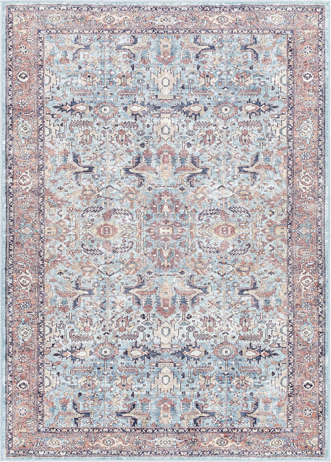 Georgina Blue and Beige Washable Synthetic Area Rug