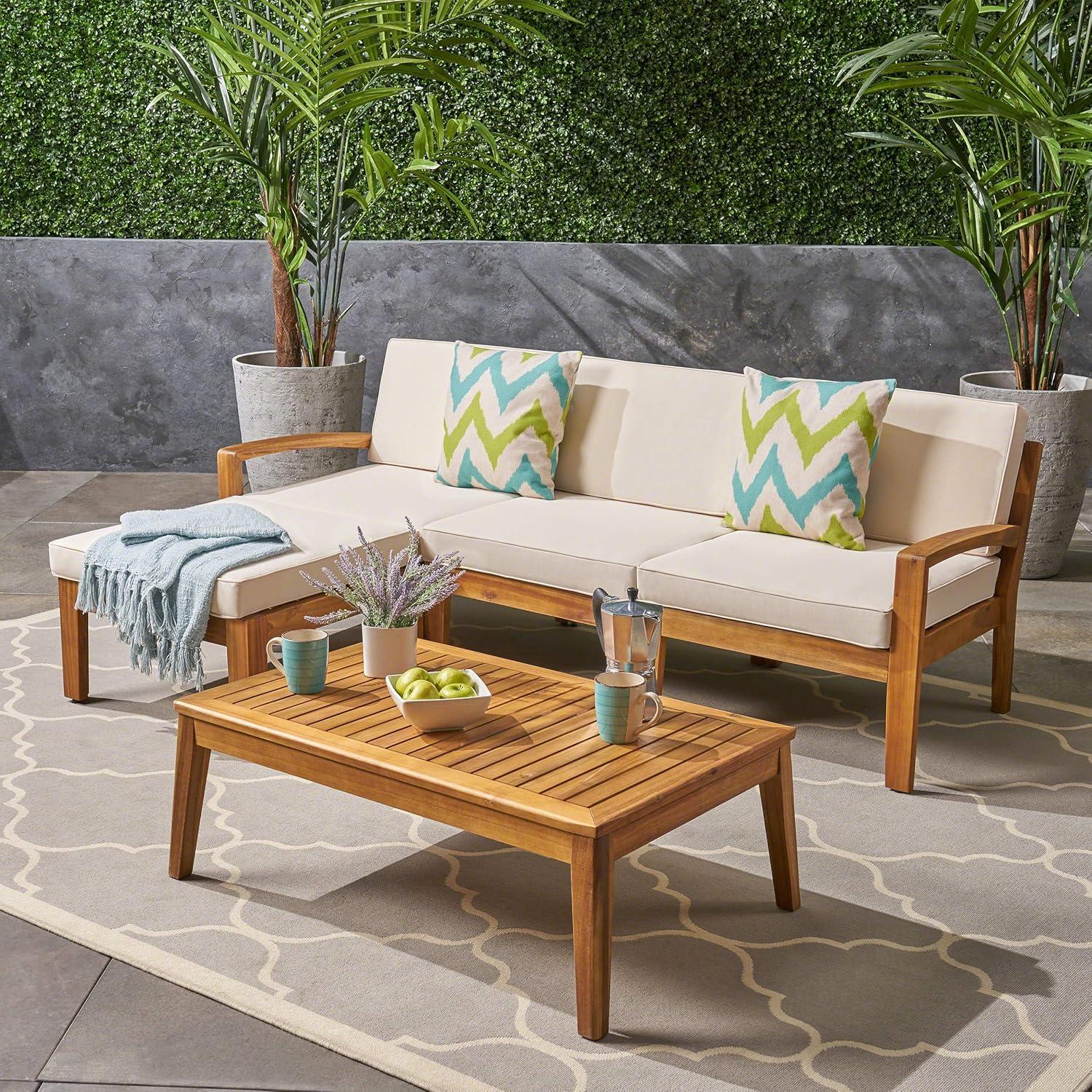 Teak and Beige Acacia Wood 3-Seater Outdoor Sectional Sofa Set with Ottoman