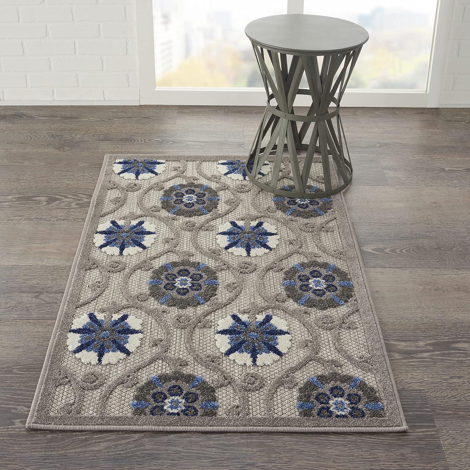 Nourison Aloha Contemporary Floral Flatweave High-Low Indoor Outdoor Area Rug Grey/Blue 2'8" x 4'