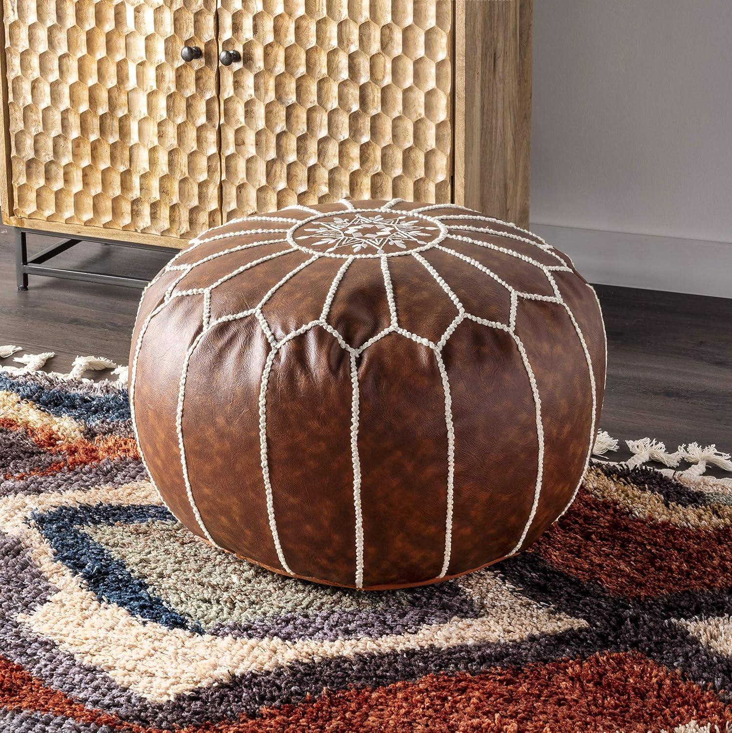 Brown and Ivory Faux Leather Round Moroccan Pouf