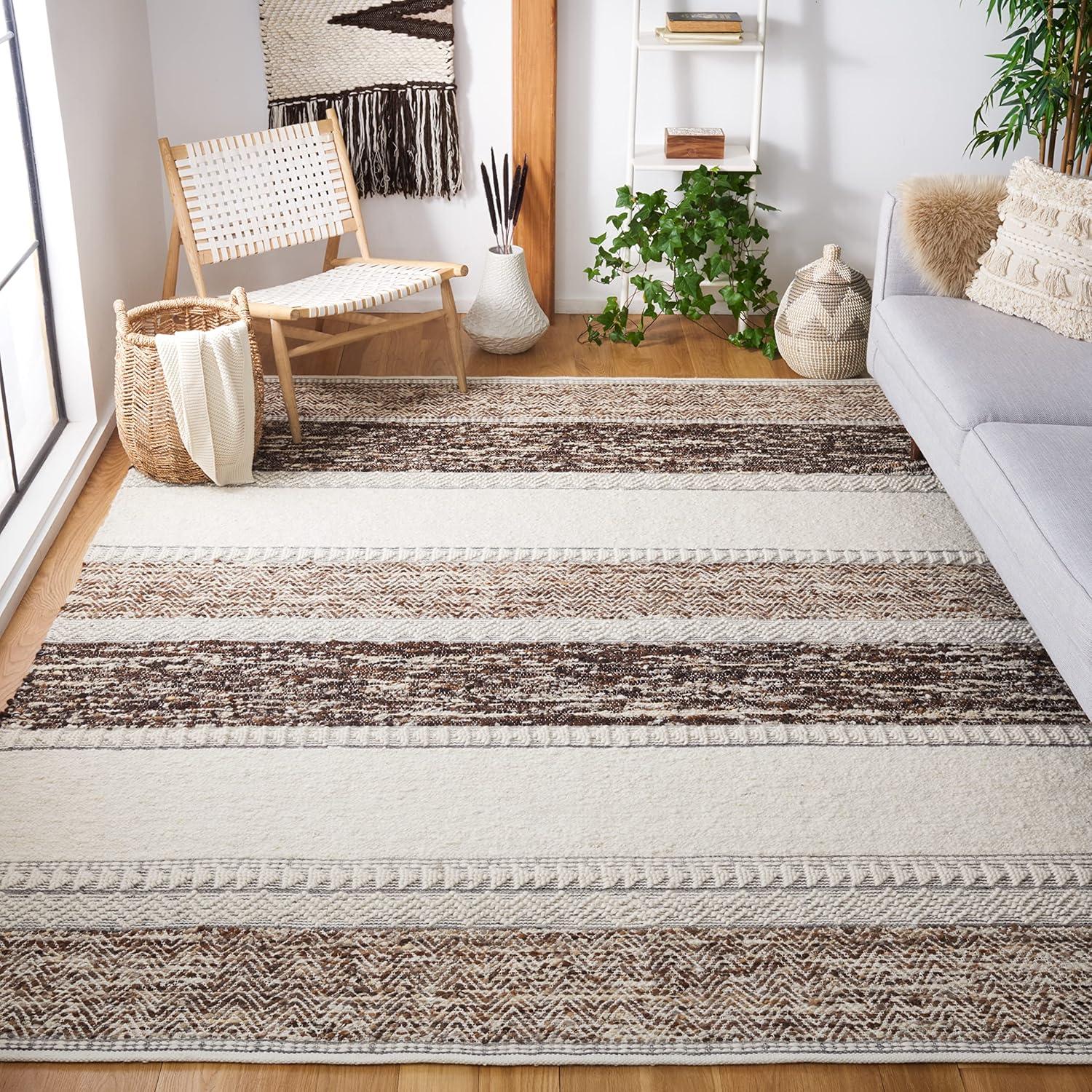 Ivory and Brown Hand-Tufted Wool 9' x 12' Rug