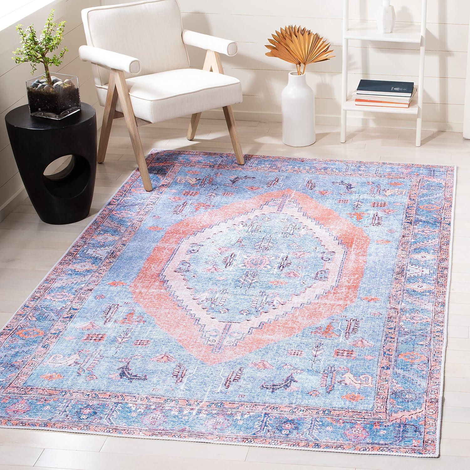 Light Blue and Beige Rectangular Washable Area Rug