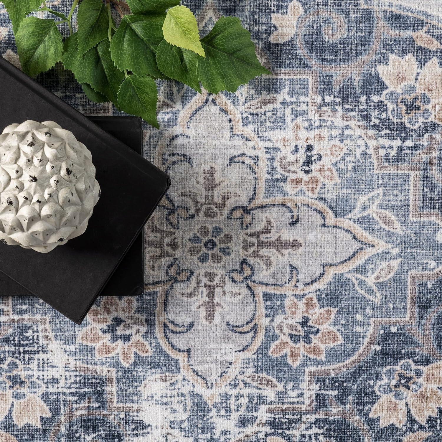 Nuloom Elsa Medallion 4x6 Machine Washable Indoor Area Rug for Living Room Bedroom Dining Room Kitchen, Blue/Ivory