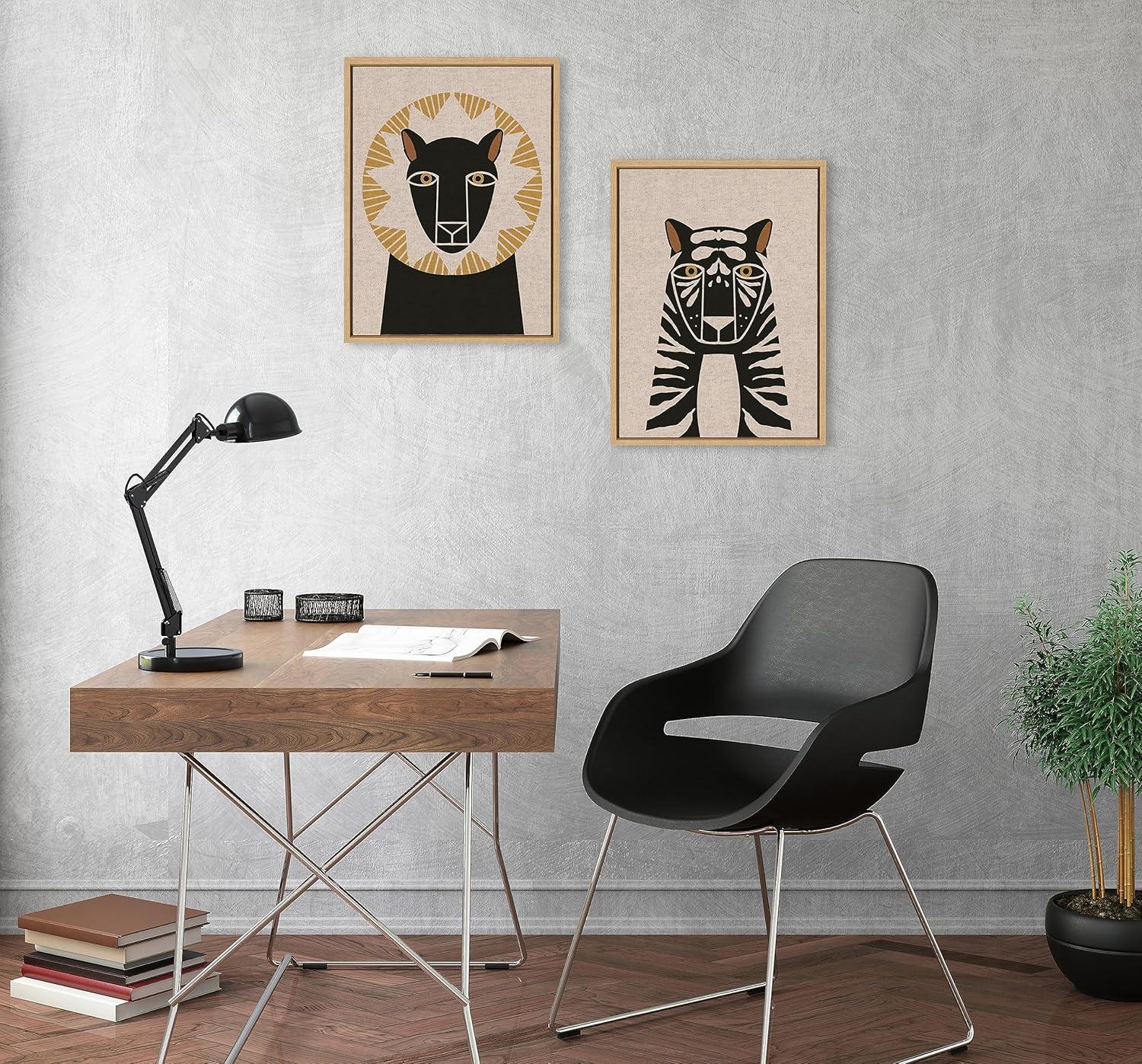 Kate and Laurel Sylvie Lion Profile Neutral Linen and Tiger Profile Neutral Linen Framed Canvas Art Set by Hannah Beisang