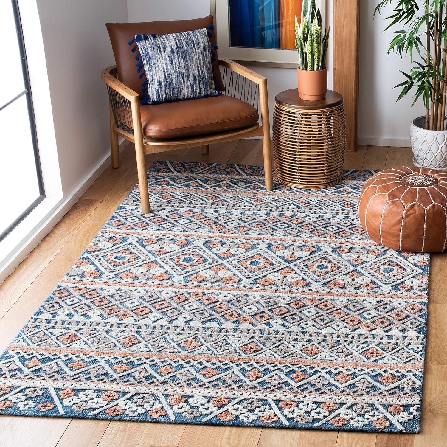 Handmade Blue Geometric Wool Tufted Rug - 54" x 16"