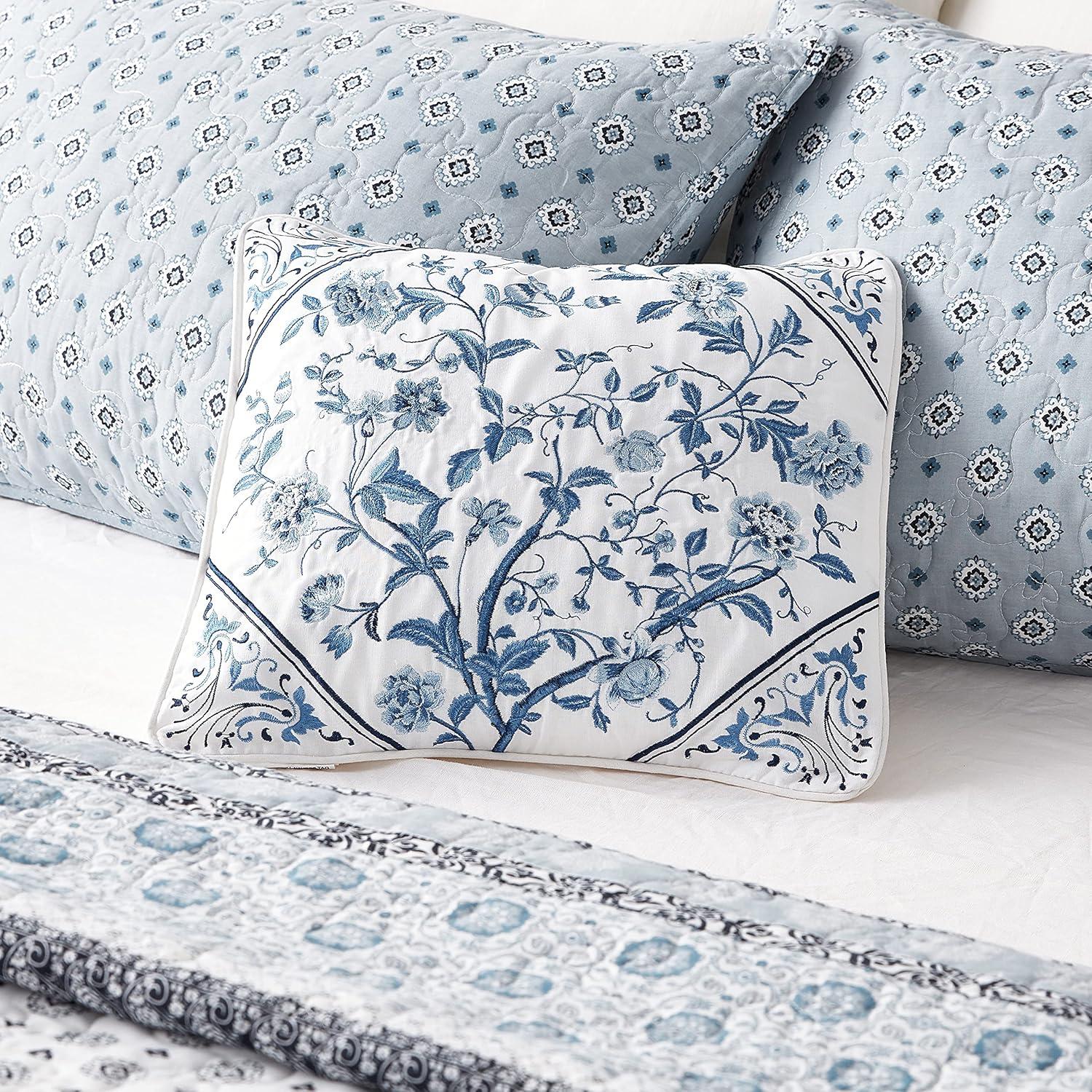 Charlotte Blue and White Square Embroidered Linen-Cotton Throw Pillow