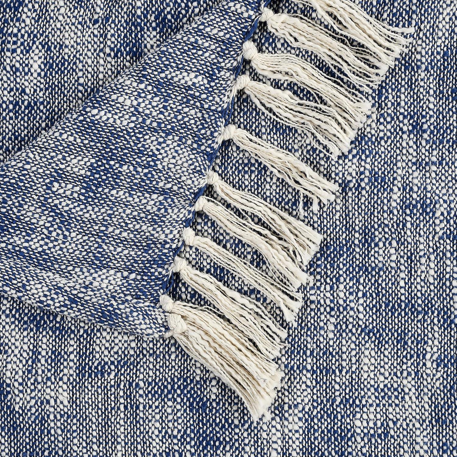 Navy Blue and Off-White Cotton Chambray Throw Blanket with Fringe