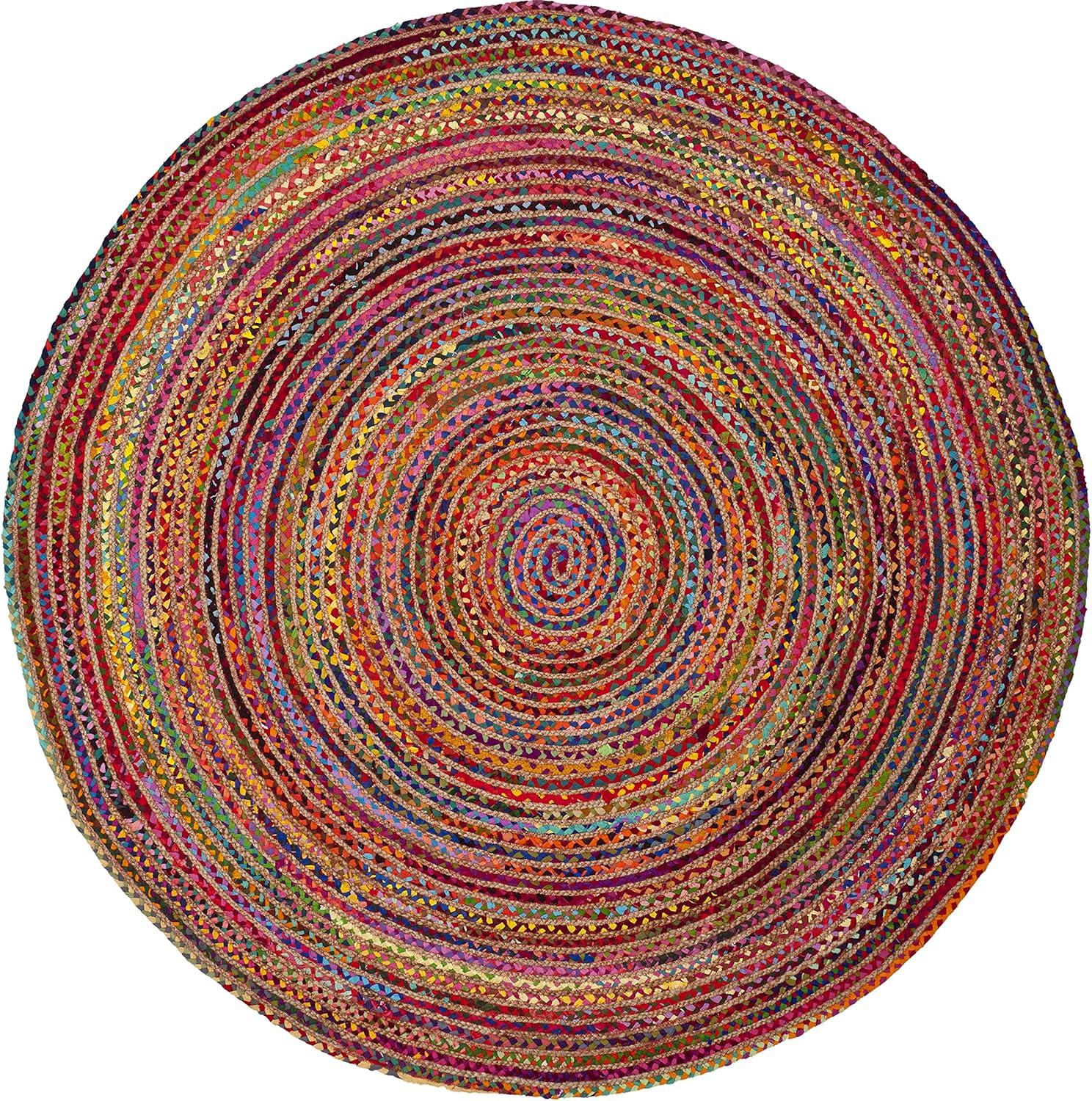 Boho Chic Red & Multi Handmade Round Cotton Area Rug, 5' Diameter