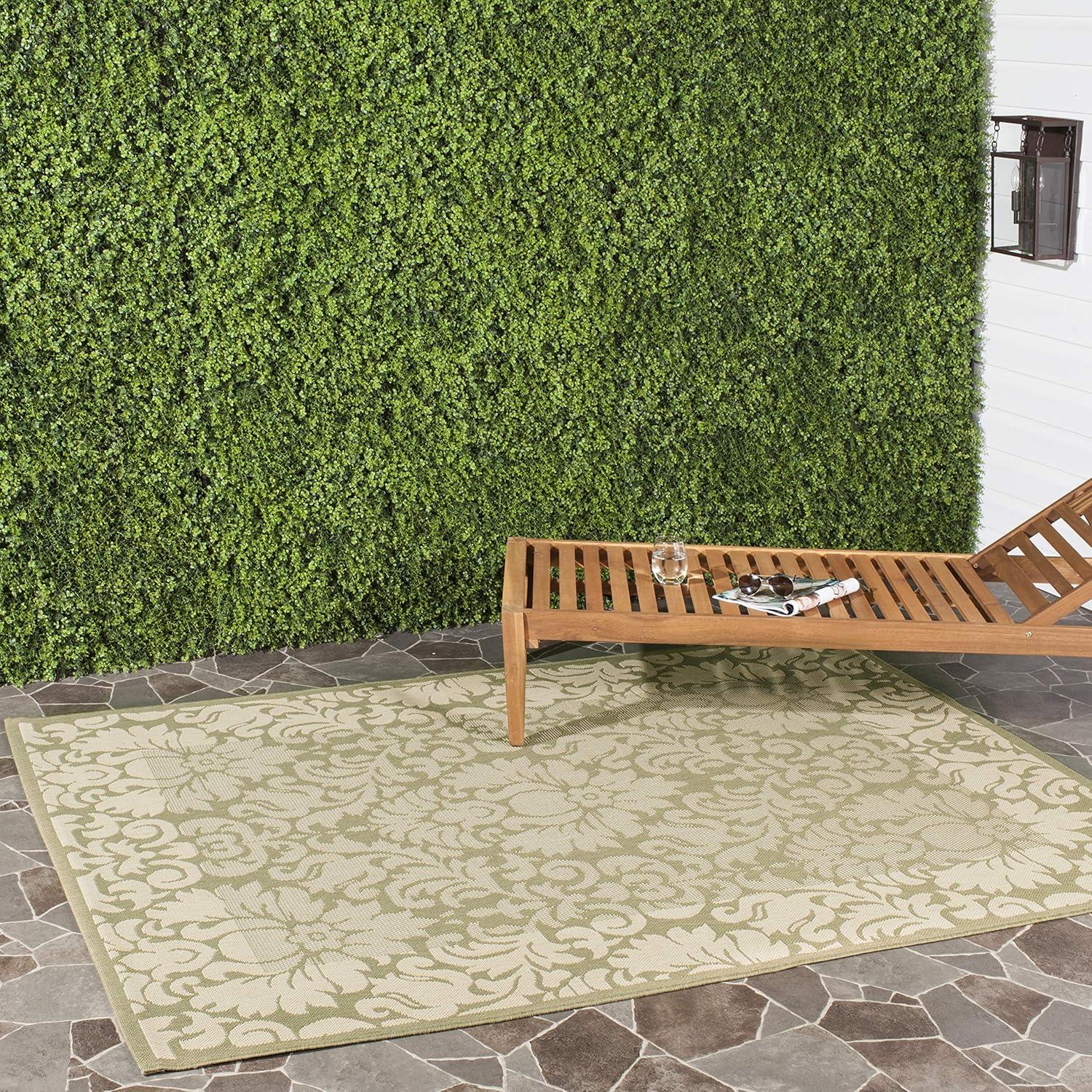 SAFAVIEH Courtyard Dani Damask Bordered Indoor/Outdoor Area Rug, 6'7" x 6'7" Square, Olive/Natural
