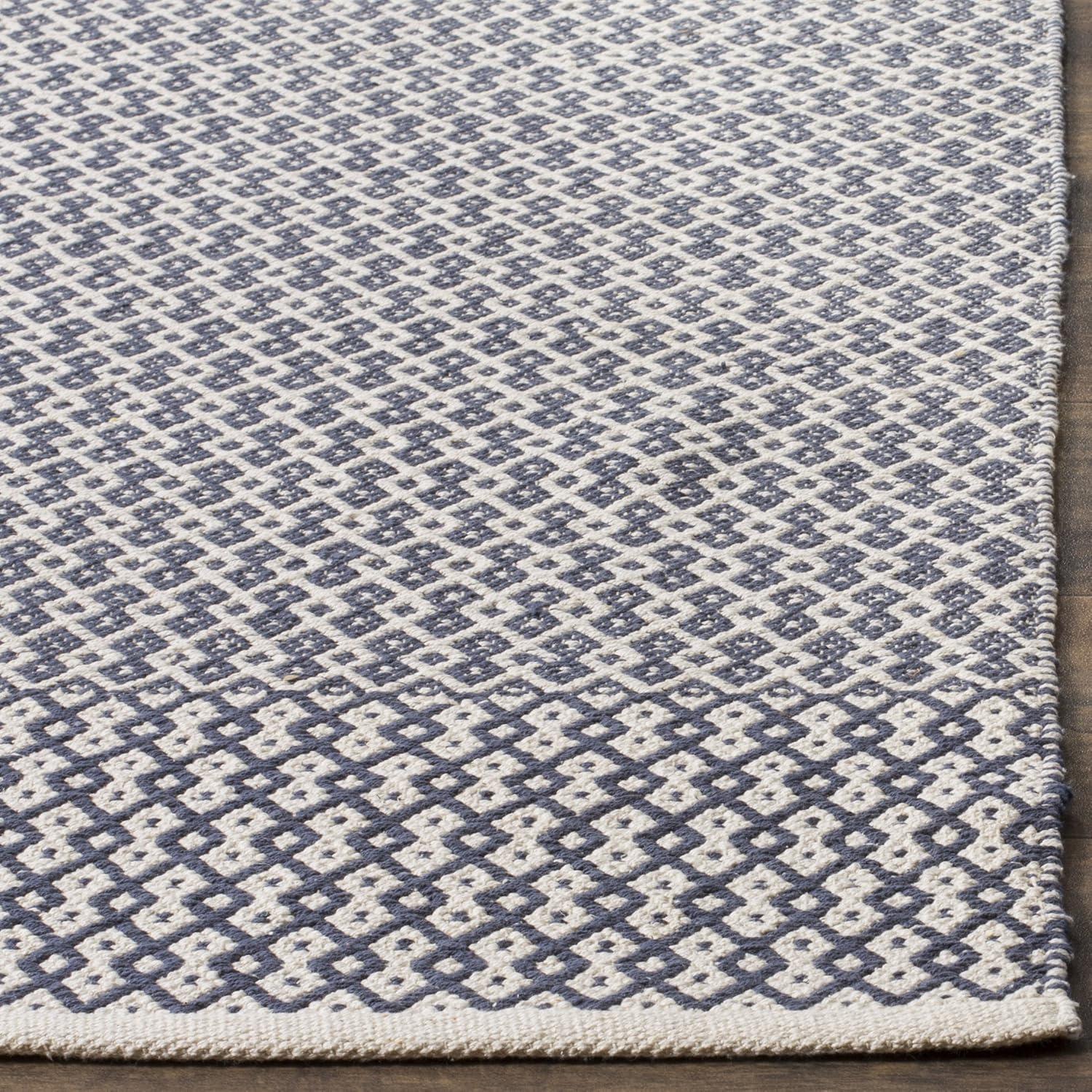 Ivory and Navy Geometric Flat Woven Wool Cotton Runner