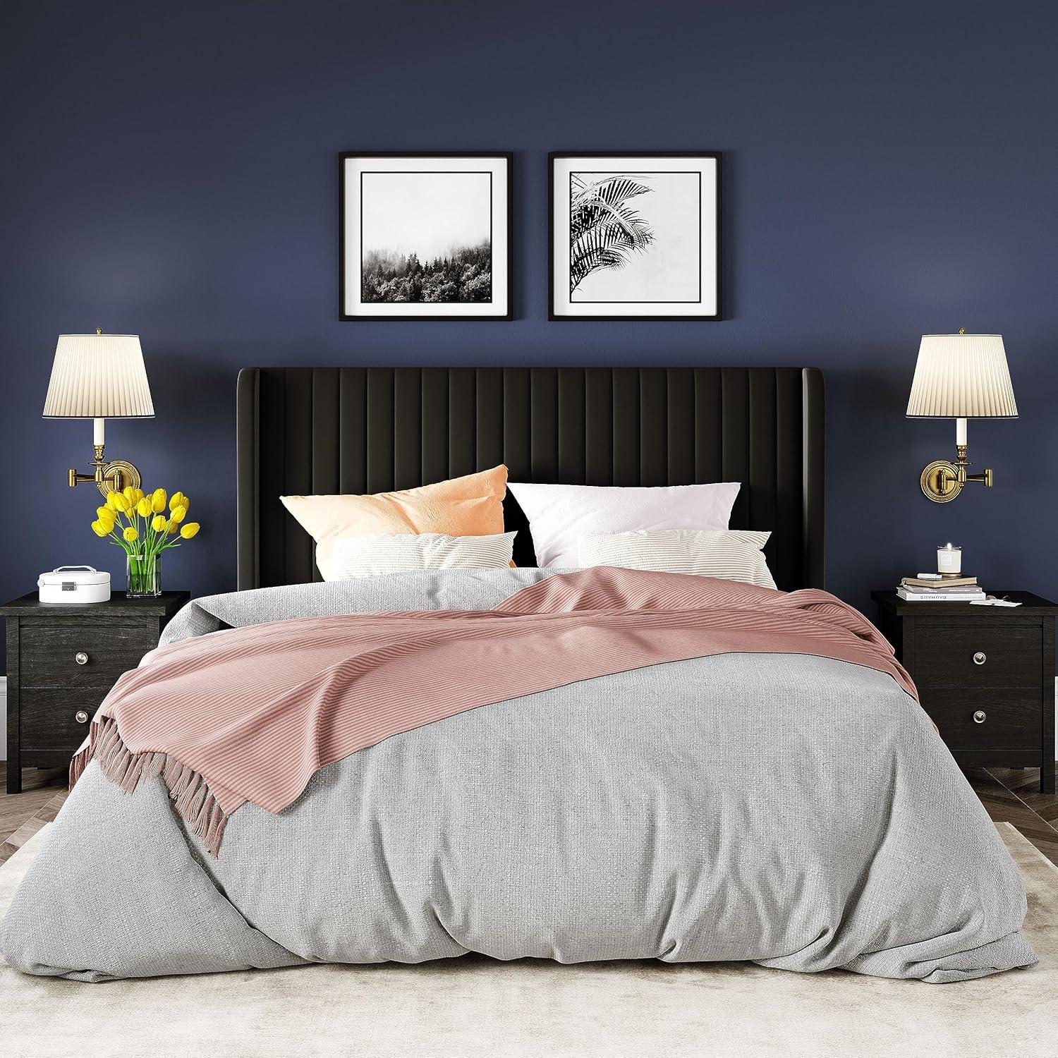Candler Velvet Upholstered Platform Bed with Wingback Headboard and Wooden Slats