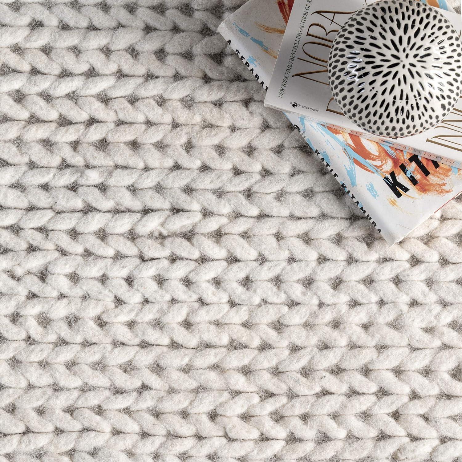 Luxurious Off-White Braided Wool 6' Square Area Rug