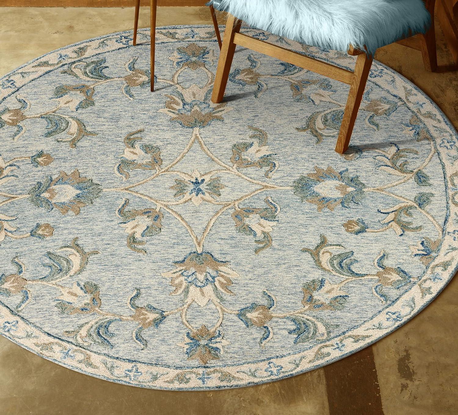 Hand-Tufted Victorian Floral Bloom Round Rug in Blue/Cream Wool