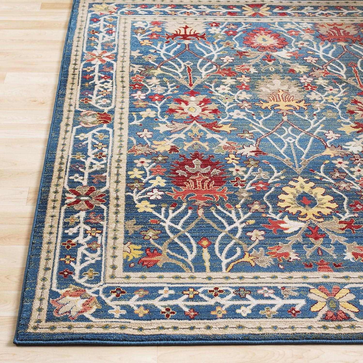 BoutiqueRugs Branford Traditional Floral Bordered Area Rug - Oriental Damask Patterned Carpet for Living Room, Bedroom, Dining Room - Navy, Blue, Green, Red, White - 5'1" x 7'5" (5x7 Area Rug)