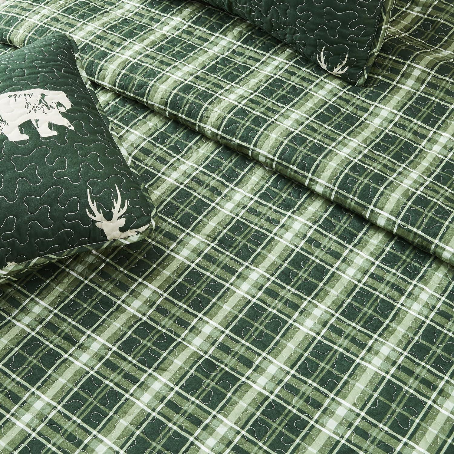 Forest Green Nature Quilt Set Reversible Plaid Quilt Set with Shams