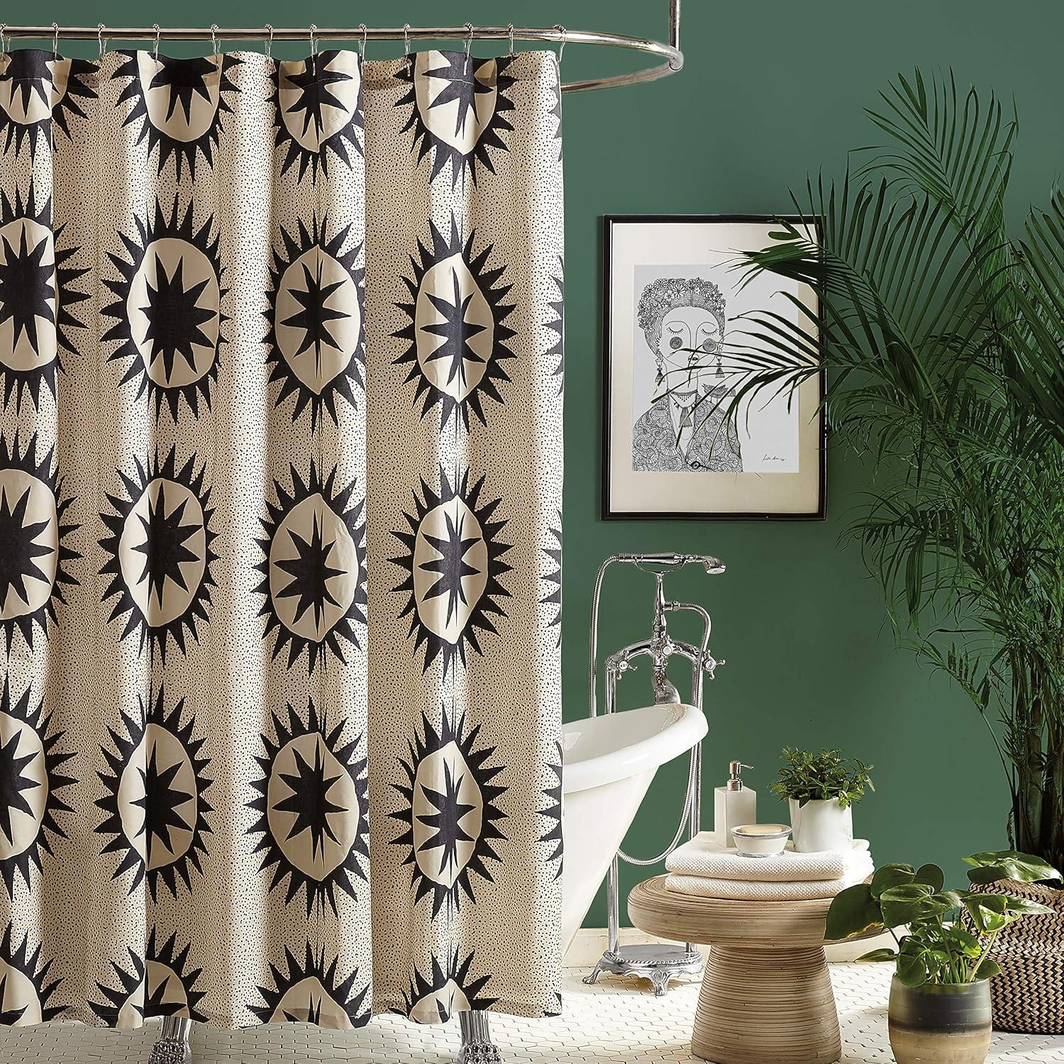 Cream and Black Geometric Cotton Shower Curtain