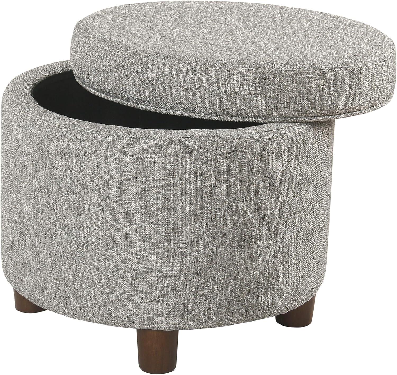 Mid-Century Modern Round Light Gray Tweed Storage Ottoman