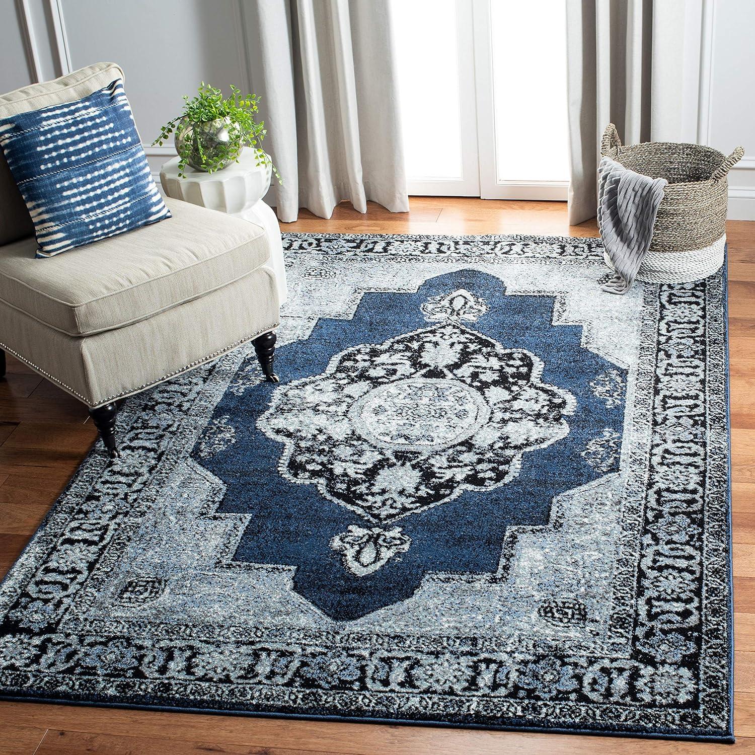 Blue and Grey Rectangular Synthetic Non-slip Area Rug