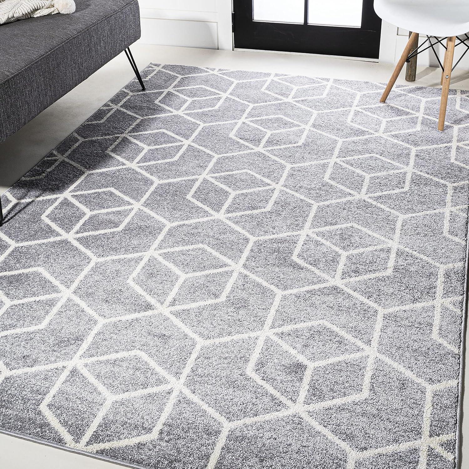 3'x5' Tumbling Blocks Modern Geometric Area Rug, Light Gray/White - JONATHAN Y