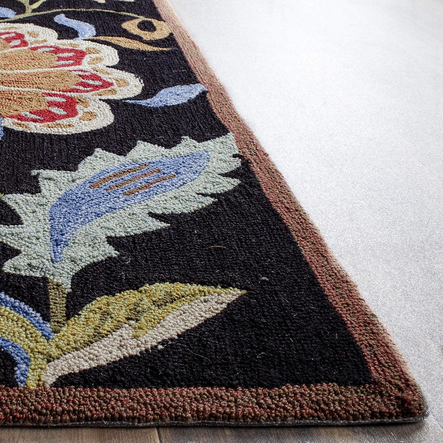 Handmade Black Floral Easy-Care Rectangular Area Rug