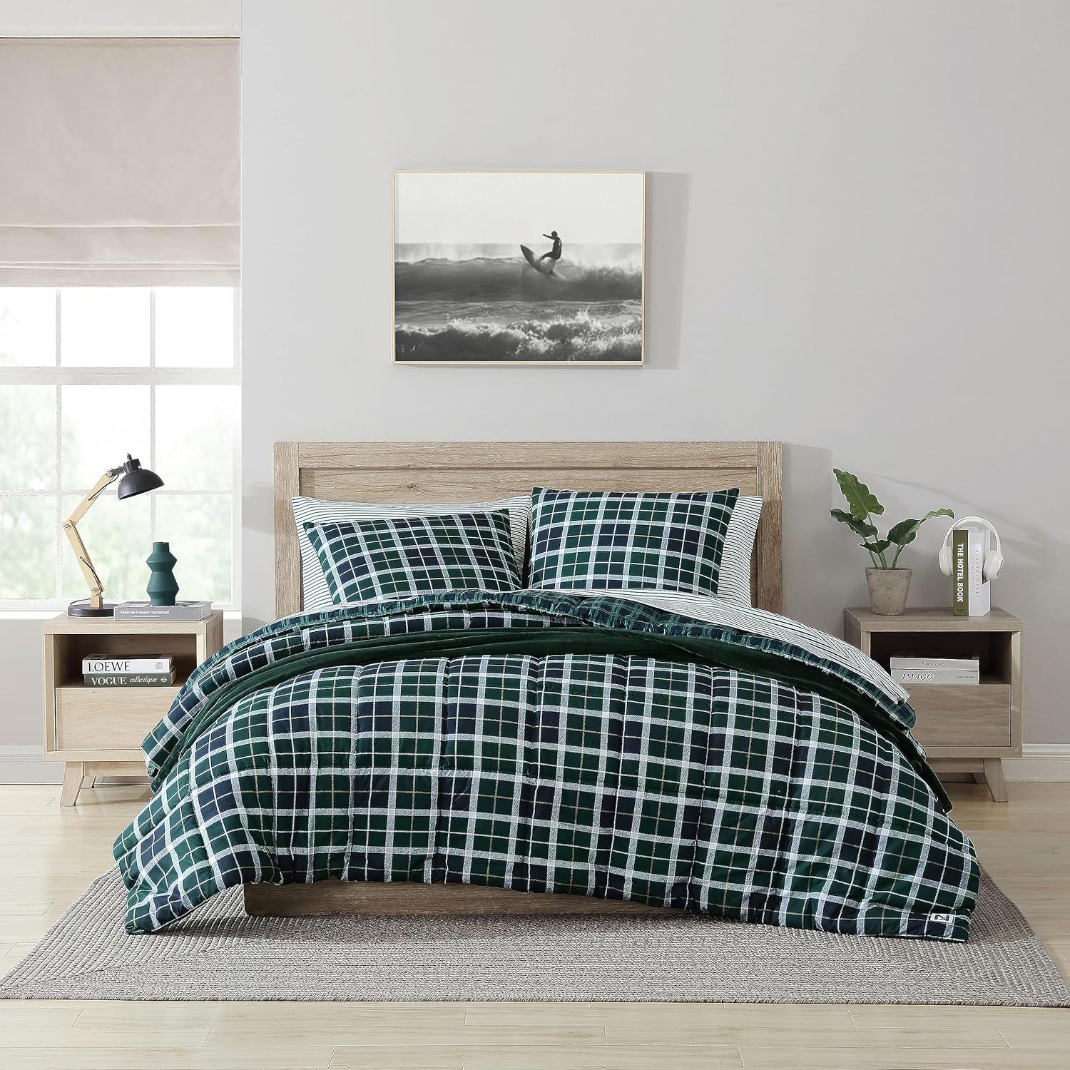 Twin Navy and Green Plaid Reversible Microfiber Duvet Cover Set