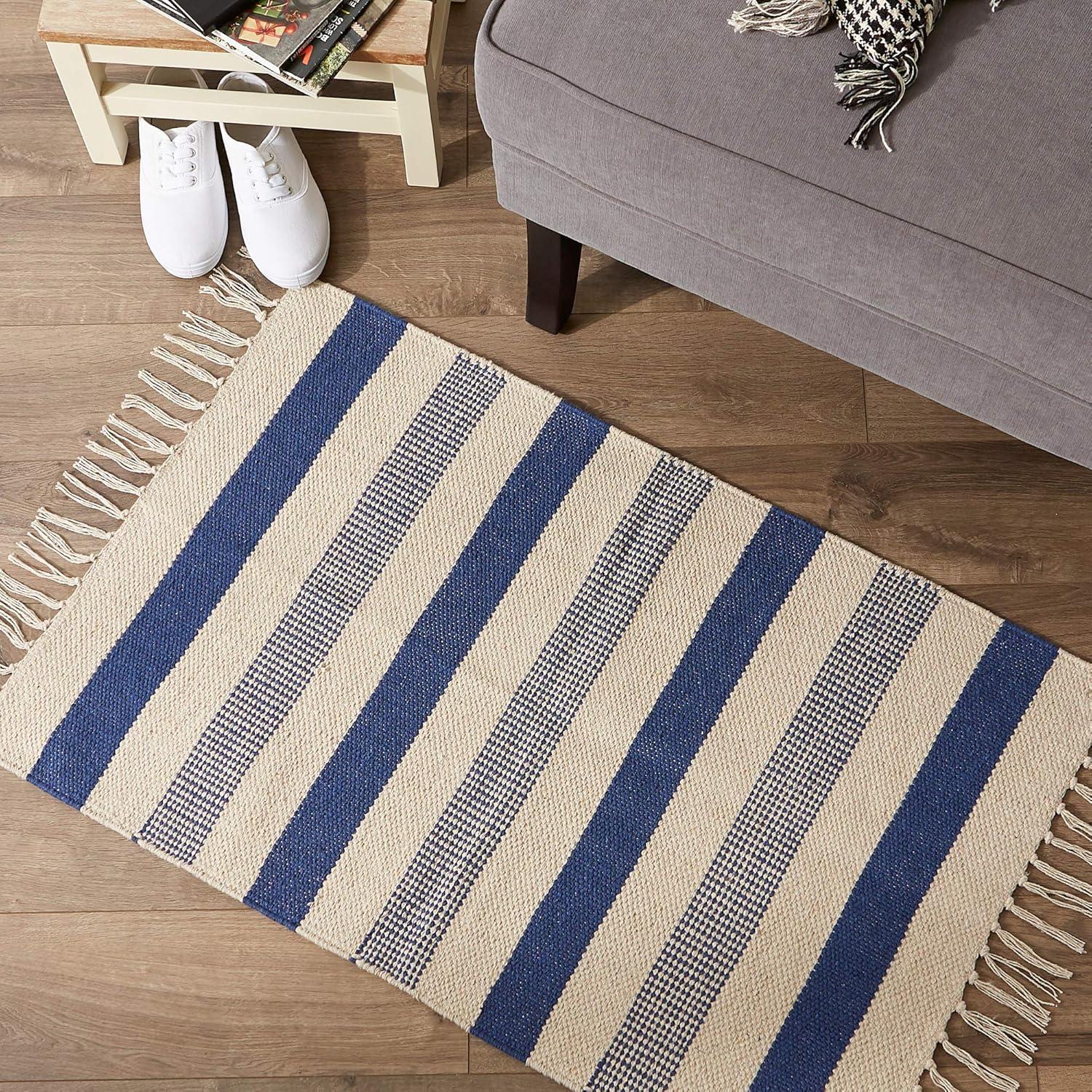 French Blue Striped Hand-Loomed Cotton Rug 24x36 Inch