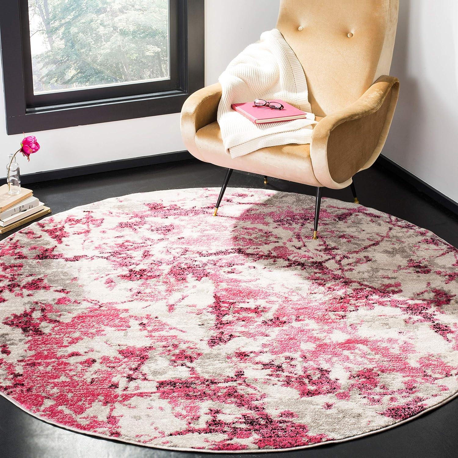 Elysian Abstract Pink and Ivory Square Synthetic Rug