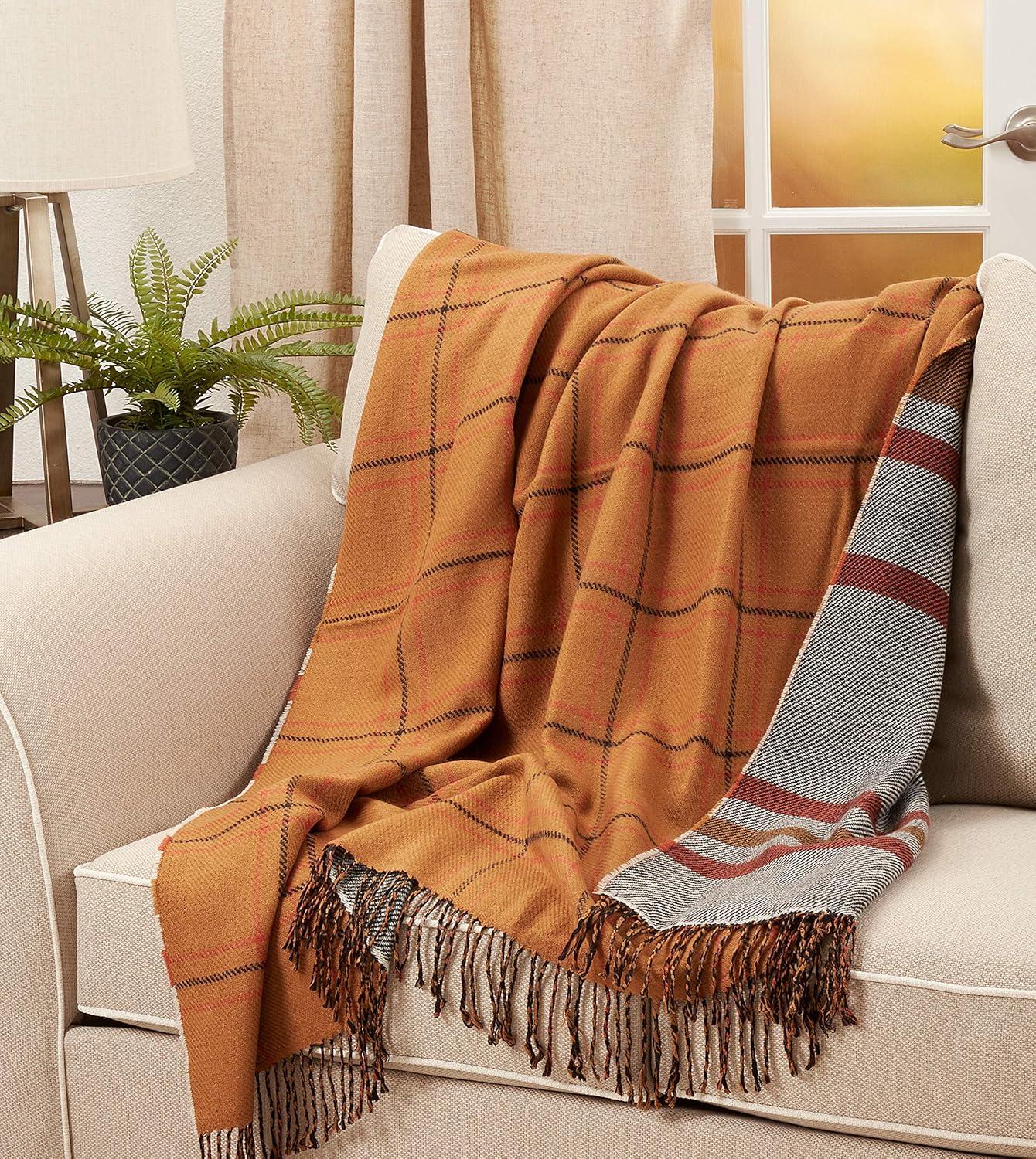 Design Imports 50"x60" Reversible Plaid Throw Blanket Rust : 20x20 Inch Polyester, Machine Washable Cloth Napkins