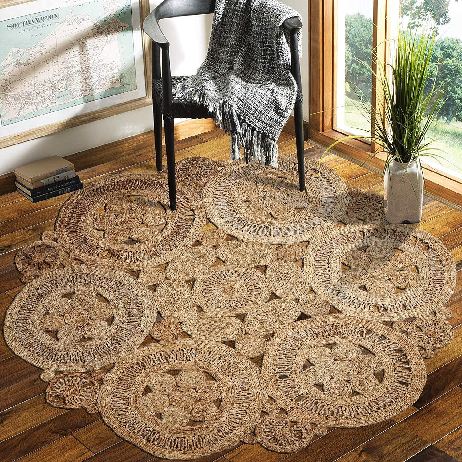 Handmade Geometric Blue Braided Round Rug, Stain-Resistant, 48"