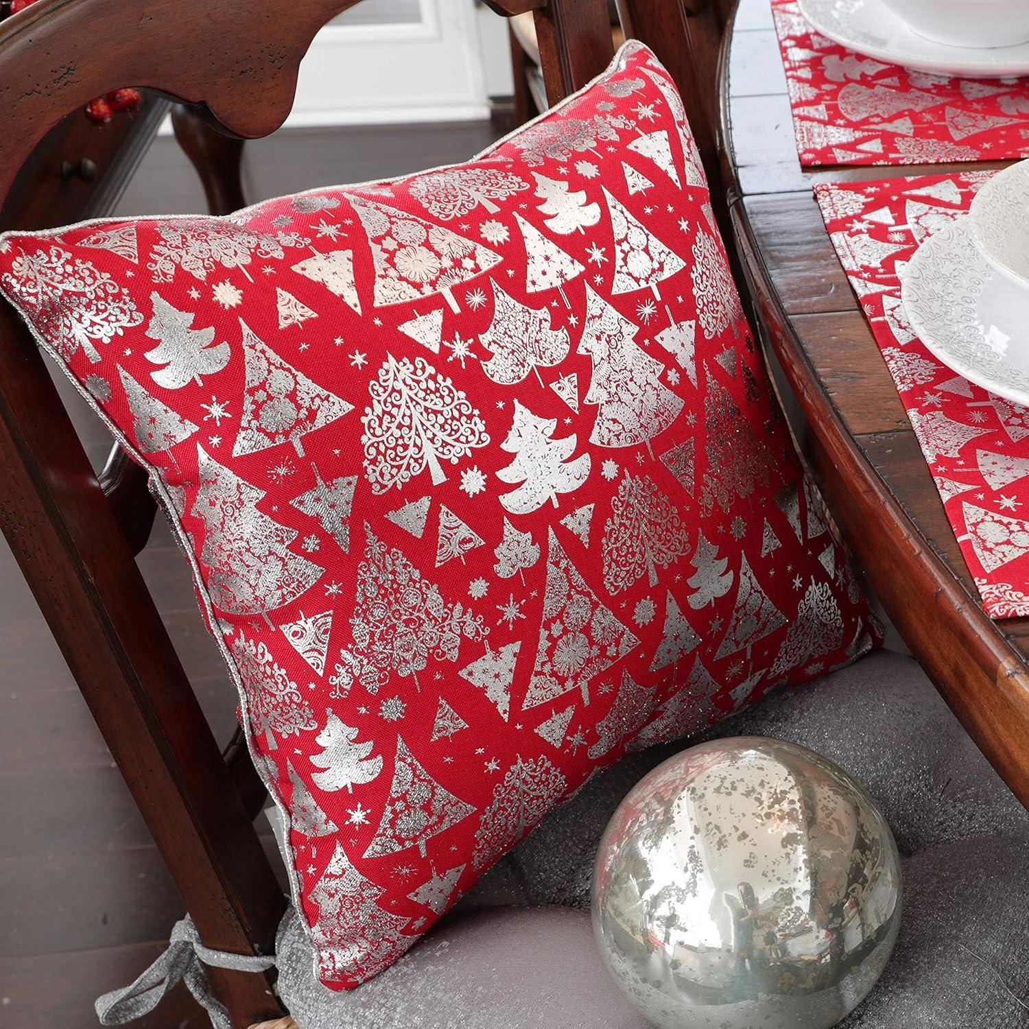 Festive Red and Silver Christmas Tree Throw Pillow Set