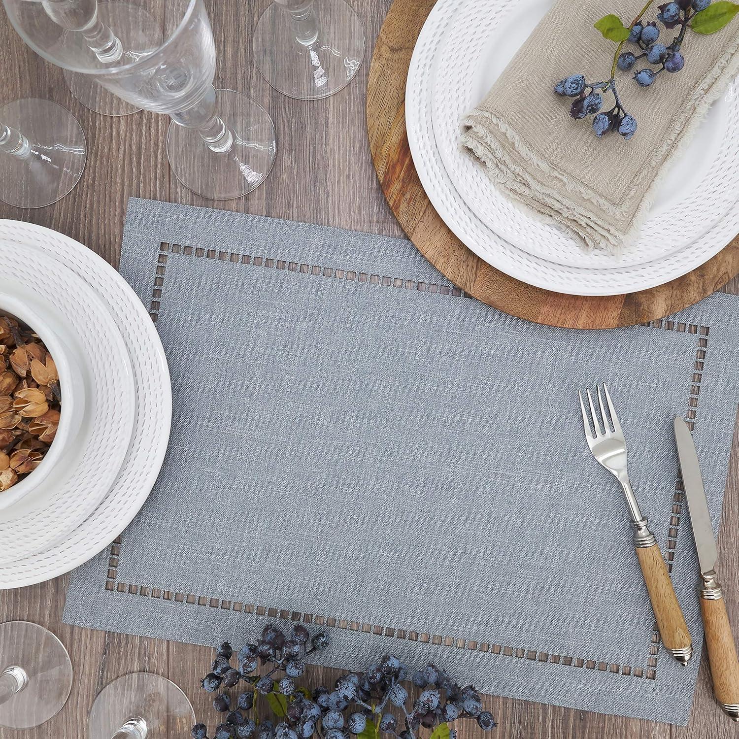 Saro Lifestyle Placemats With Laser-Cut Hemstitch Design, Gray, (Set of 4 pcs)