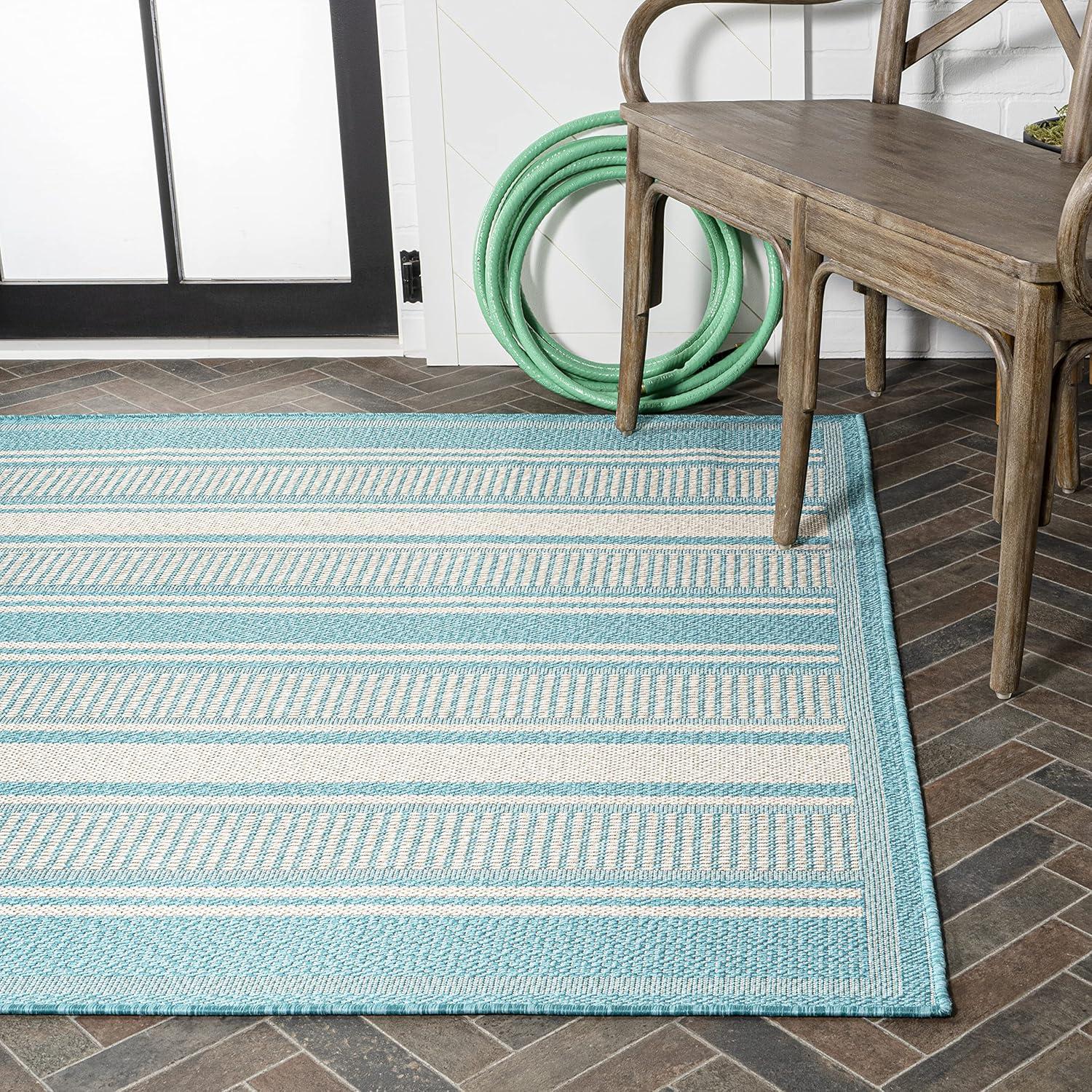 3' x 5' Haynes Modern Double Stripe Indoor/Outdoor Area Rug, Aqua/Beige - JONATHAN Y