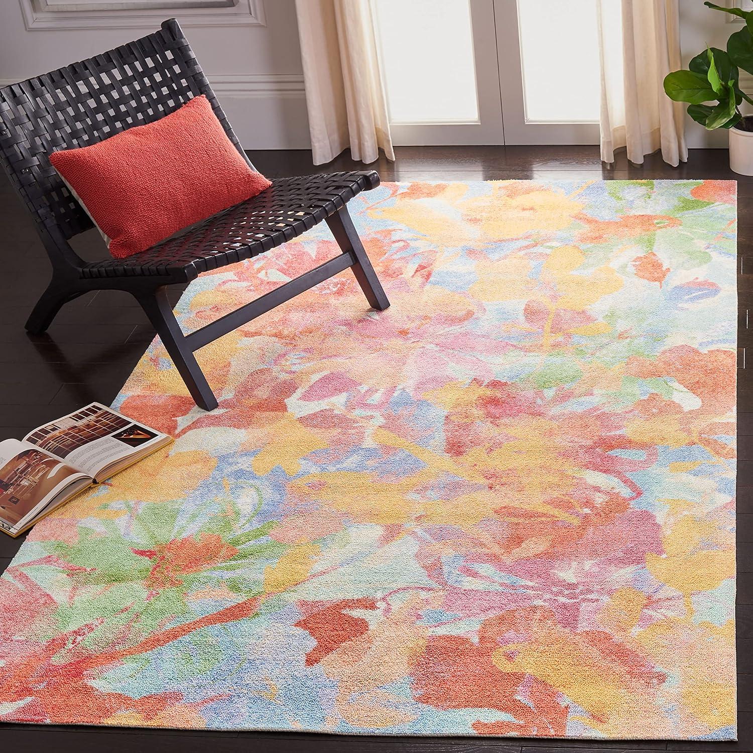 Handmade Floral Multicolor Synthetic Easy Care Rug