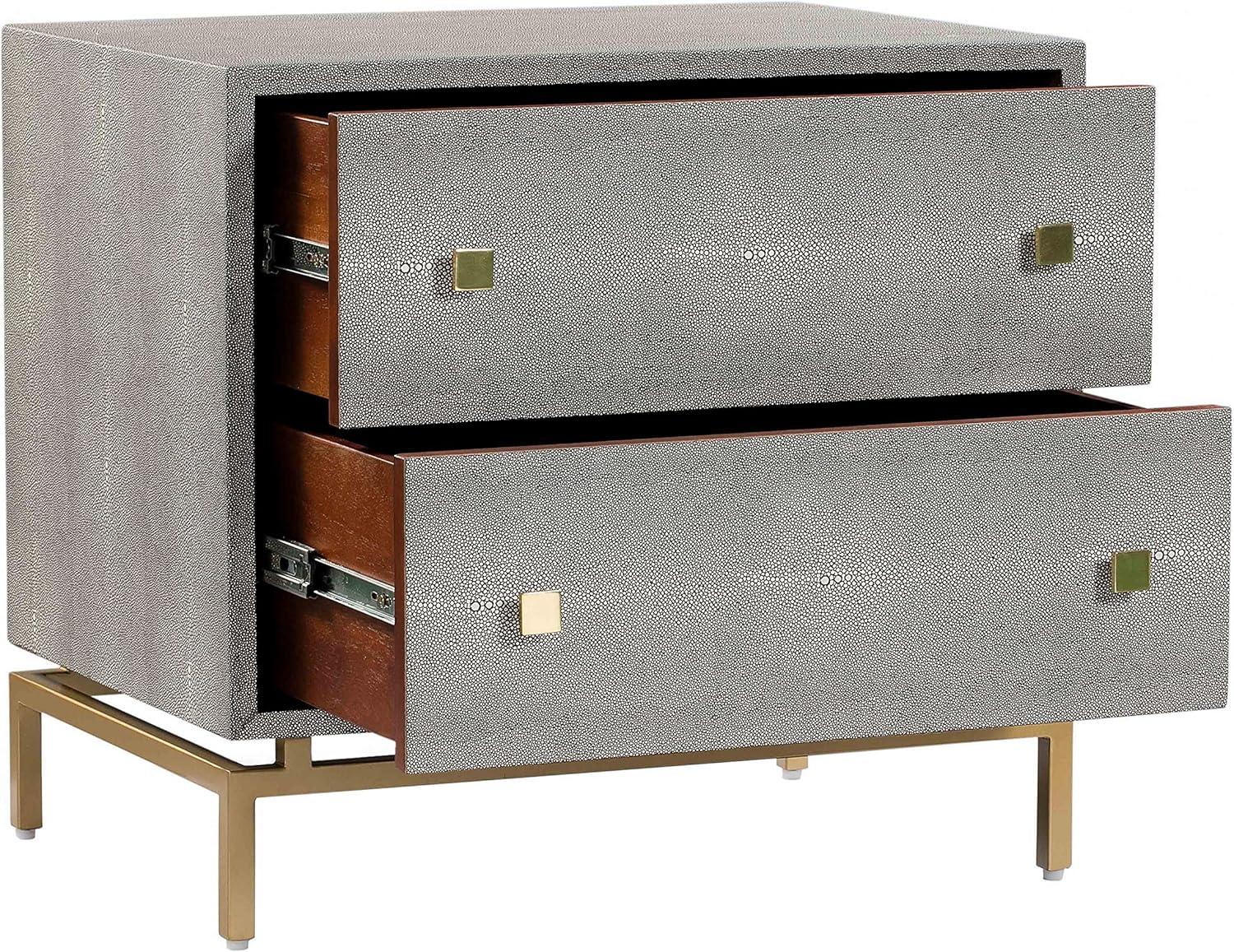 Pesce Modern Gray Shagreen 2-Drawer Nightstand with Brass Accents