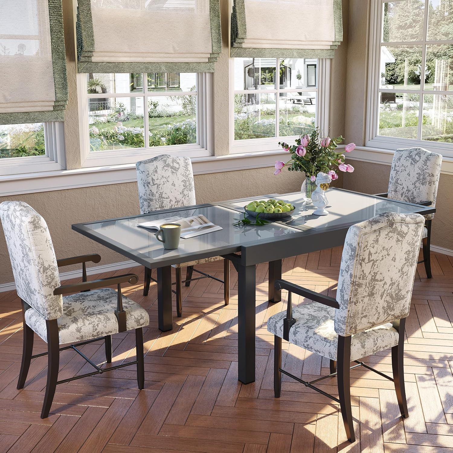 Modern Aluminum Outdoor Dining Table - Expandable Patio Glass Dining Table for 6-8, Extendable Aluminum Patio Extender Table 35" to 70" for Backyard, Porch, Deck, Garden, Tempered Glass Gray