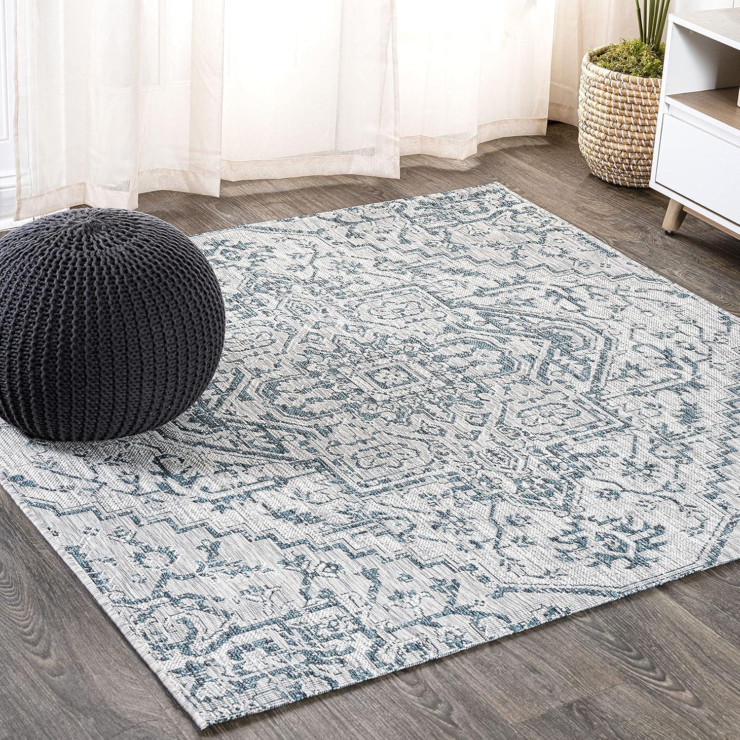 5' Square Estrella Bohemian Medallion Textured Weave Indoor/Outdoor Area Rug, Teal/Gray - JONATHAN Y