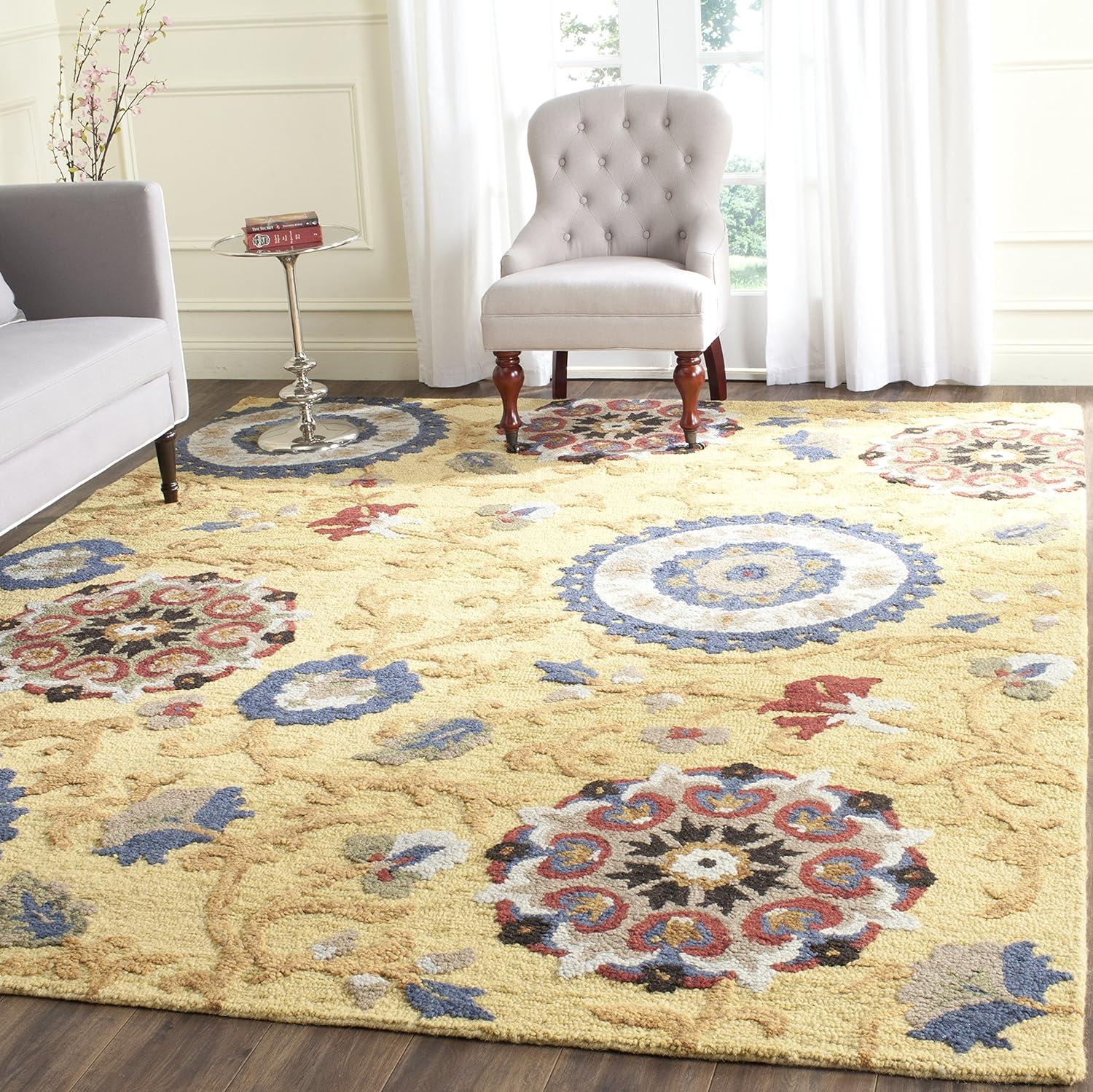 Handmade Blossom Gold and Multicolor Square Wool Area Rug
