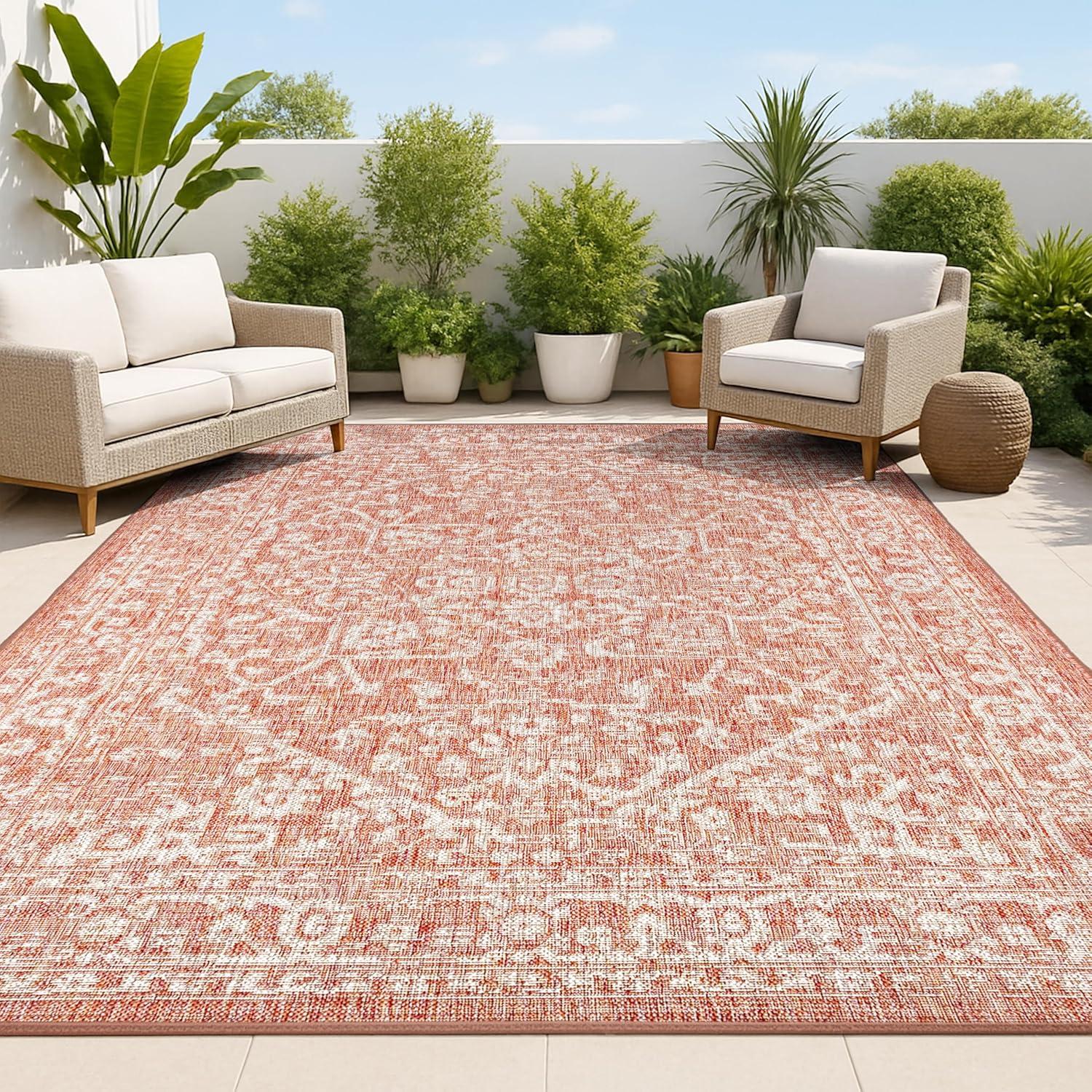 8'x10' Malta Bohemian Medallion Textured Weave Indoor/Outdoor Area Rug, Red/Taupe - JONATHAN Y